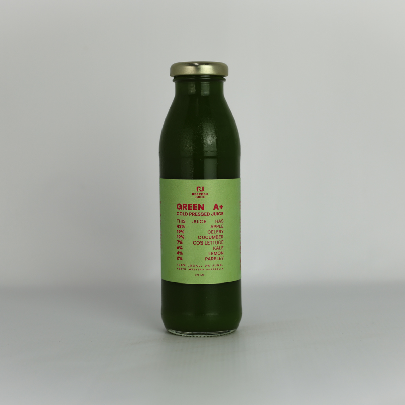 Green A+ cold-pressed greens juice in a glass bottle