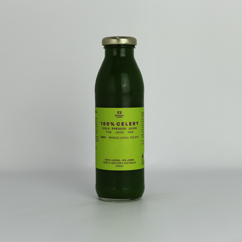 Cold-pressed 100% Celery Juice in a glass bottle