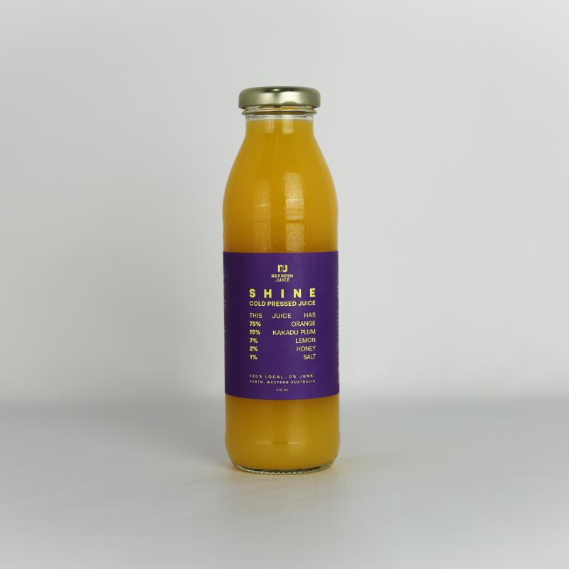 Orange, Lemon, Honey, Kakadu Plum and a little Salt. 
A hydrating and energising juice in a glass bottle