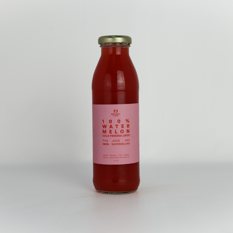 Cold-pressed Local 100% Watermelon Juice in a glass bottle